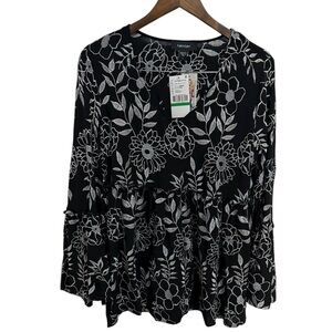 NWT KarenKane Black/White Embroidered Blouse‎ Babydoll 100% Rayon Sz L Wimsygoth